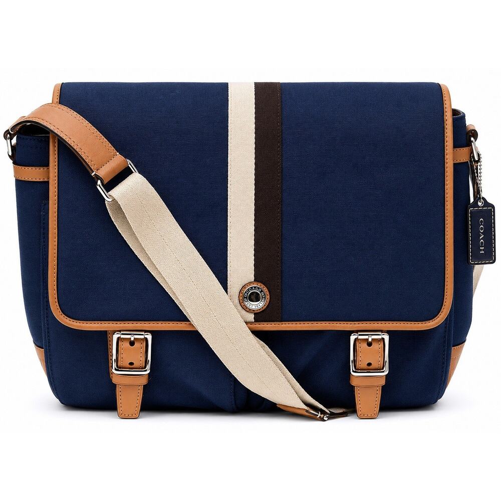 Coach Messenger Bag Blue Canvas Tan Leather Trim Crossbody Laptop Satchel Unisex
